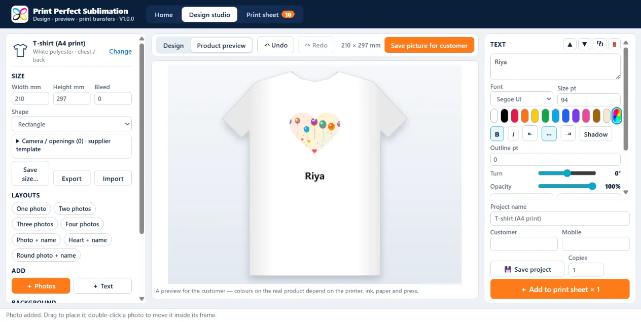 T-shirt preview with the print at its real size